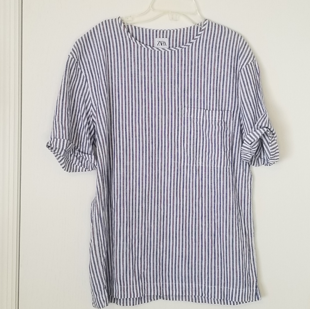 Zara Womens Striped Relaxed Fit Short Sleeve Shirt